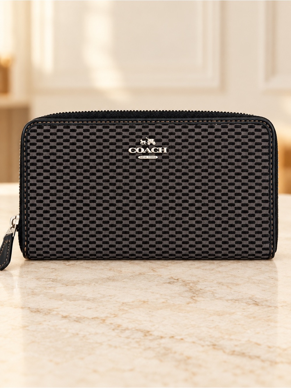 Coach Black Gray Checkered Zip Around Wallet Silver Logo